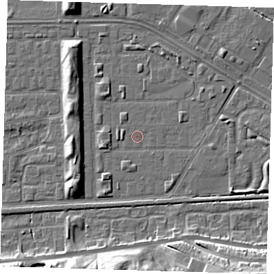 Shaded relief map of the ground around DA184DE, computed from Environment Agency LiDAR. The ground here sits at about 1 m above sea level and falls 14 m across the surrounding 800 m. Surface water reaching this point runs off ground lying to the east-north-east, 1.2 m higher.