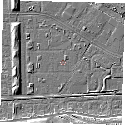 Shaded relief map of the ground around DA184DF, computed from Environment Agency LiDAR. The ground here sits at about 1 m above sea level and falls 12 m across the surrounding 800 m. Surface water reaching this point runs off ground lying to the east-south-east, 2.7 m higher.