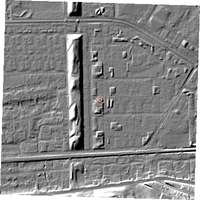 Shaded relief map of the ground around DA184DG, computed from Environment Agency LiDAR. The ground here sits at about 2 m above sea level and falls 12 m across the surrounding 800 m. Surface water reaching this point runs off ground lying to the south-south-west, 1.8 m higher.