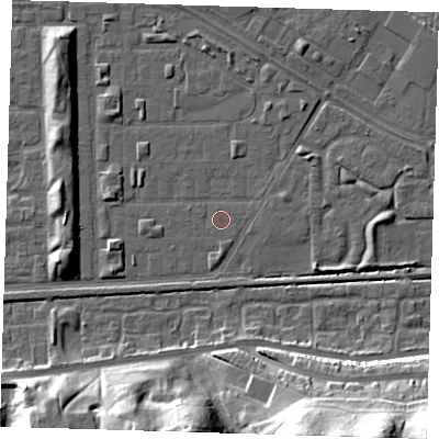 Shaded relief map of the ground around DA184DH, computed from Environment Agency LiDAR. The ground here sits at about 1 m above sea level and falls 29 m across the surrounding 800 m. Surface water reaching this point runs off ground lying to the south, 0.7 m higher.