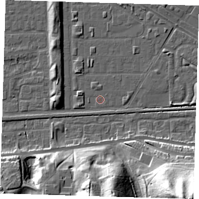 Shaded relief map of the ground around DA184DJ, computed from Environment Agency LiDAR. The ground here sits at about 1 m above sea level and falls 44 m across the surrounding 800 m. Surface water reaching this point runs off ground lying to the east, 2.7 m higher.