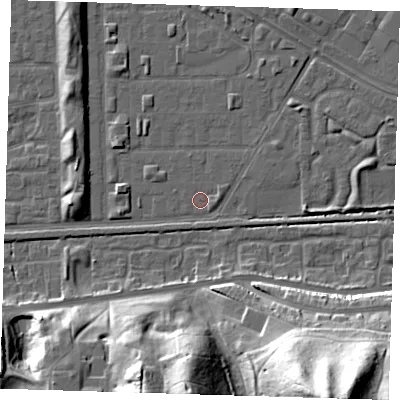 Shaded relief map of the ground around DA184DL, computed from Environment Agency LiDAR. The ground here sits at about 1 m above sea level and falls 44 m across the surrounding 800 m. Surface water reaching this point runs off ground lying to the east, 0.9 m higher.