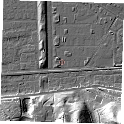 Shaded relief map of the ground around DA184DN, computed from Environment Agency LiDAR. The ground here sits at about 1 m above sea level and falls 43 m across the surrounding 800 m. Surface water reaching this point runs off ground lying to the north-west, 2.3 m higher.