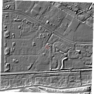 Shaded relief map of the ground around DA184DP, computed from Environment Agency LiDAR. The ground here sits at about 1 m above sea level and falls 11 m across the surrounding 800 m. Surface water reaching this point runs off ground lying to the south-east, 2.7 m higher.
