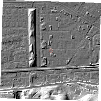 Shaded relief map of the ground around DA184DQ, computed from Environment Agency LiDAR. The ground here sits at about 1 m above sea level and falls 23 m across the surrounding 800 m. Surface water reaching this point runs off ground lying to the south-west, 2.3 m higher.