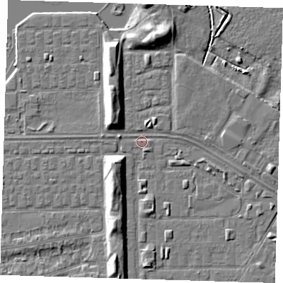 Shaded relief map of the ground around DA184DR, computed from Environment Agency LiDAR. The ground here sits at about 1 m above sea level and falls 7 m across the surrounding 800 m. Surface water reaching this point runs off ground lying to the north, 5.8 m higher.