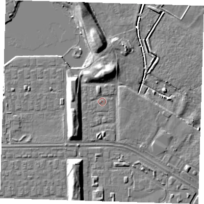 Shaded relief map of the ground around DA184DS, computed from Environment Agency LiDAR. The ground here sits at about 1 m above sea level and falls 8 m across the surrounding 800 m. Surface water reaching this point runs off ground lying to the north-north-west, 1.6 m higher.