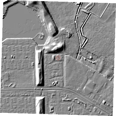 Shaded relief map of the ground around DA184DT, computed from Environment Agency LiDAR. The ground here sits at about 2 m above sea level and falls 8 m across the surrounding 800 m. Surface water reaching this point runs off ground lying to the west, 1.3 m higher.