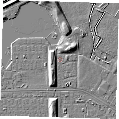 Shaded relief map of the ground around DA184DU, computed from Environment Agency LiDAR. The ground here sits at about 1 m above sea level and falls 8 m across the surrounding 800 m. Surface water reaching this point runs off ground lying to the east-north-east, 1.6 m higher.