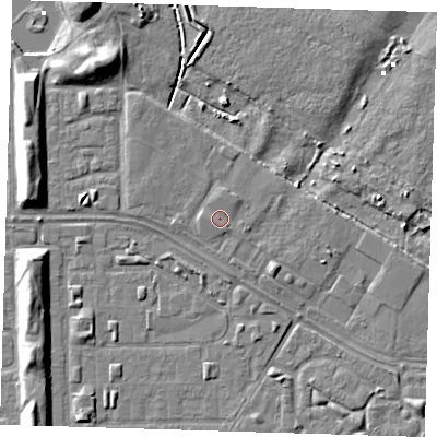 Shaded relief map of the ground around DA184DW, computed from Environment Agency LiDAR. The ground here sits at about 2 m above sea level and falls 8 m across the surrounding 800 m. Surface water reaching this point runs off ground lying to the north-north-east, 0.8 m higher.