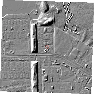 Shaded relief map of the ground around DA184DX, computed from Environment Agency LiDAR. The ground here sits at about 1 m above sea level and falls 8 m across the surrounding 800 m. Surface water reaching this point runs off ground lying to the north, 5.6 m higher.