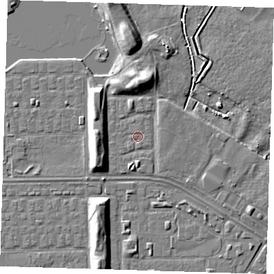 Shaded relief map of the ground around DA184DY, computed from Environment Agency LiDAR. The ground here sits at about 1 m above sea level and falls 8 m across the surrounding 800 m. Surface water reaching this point runs off ground lying to the north, 5.6 m higher.