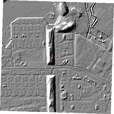 Shaded relief map of the ground around DA184DZ, computed from Environment Agency LiDAR. The ground here sits at about 1 m above sea level and falls 8 m across the surrounding 800 m. Surface water reaching this point runs off ground lying to the north-north-east, 5.6 m higher.
