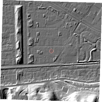 Shaded relief map of the ground around DA184ED, computed from Environment Agency LiDAR. The ground here sits at about 1 m above sea level and falls 31 m across the surrounding 800 m. Surface water reaching this point runs off ground lying to the south-east, 0.7 m higher.