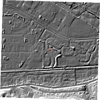 Shaded relief map of the ground around DA184HA, computed from Environment Agency LiDAR. The ground here sits at about 1 m above sea level and falls 17 m across the surrounding 800 m. Surface water reaching this point runs off ground lying to the east, 1.5 m higher.