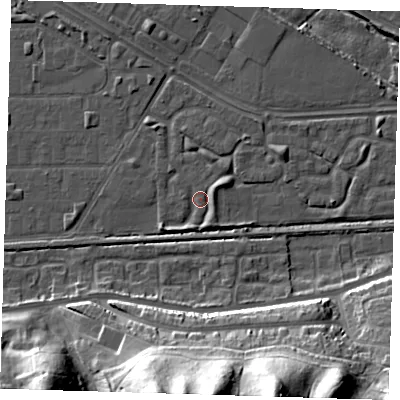 Shaded relief map of the ground around DA184HB, computed from Environment Agency LiDAR. The ground here sits at about 2 m above sea level and falls 38 m across the surrounding 800 m. Surface water reaching this point runs off ground lying to the east, 2.4 m higher.