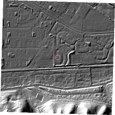 Shaded relief map of the ground around DA184HD, computed from Environment Agency LiDAR. The ground here sits at about 1 m above sea level and falls 38 m across the surrounding 800 m. Surface water reaching this point runs off ground lying to the east, 2.4 m higher.