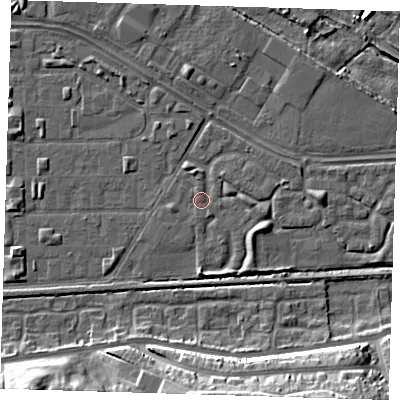 Shaded relief map of the ground around DA184HE, computed from Environment Agency LiDAR. The ground here sits at about 1 m above sea level and falls 15 m across the surrounding 800 m. Surface water reaching this point runs off ground lying to the south-east, 2.4 m higher.