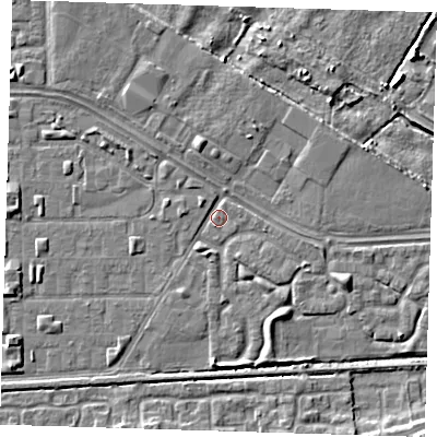 Shaded relief map of the ground around DA184HG, computed from Environment Agency LiDAR. The ground here sits at about 1 m above sea level and falls 6 m across the surrounding 800 m. Surface water reaching this point runs off ground lying to the south-south-east, 2.7 m higher.