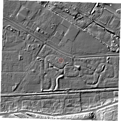 Shaded relief map of the ground around DA184HH, computed from Environment Agency LiDAR. The ground here sits at about 1 m above sea level and falls 12 m across the surrounding 800 m. Surface water reaching this point runs off ground lying to the south-east, 1.0 m higher.