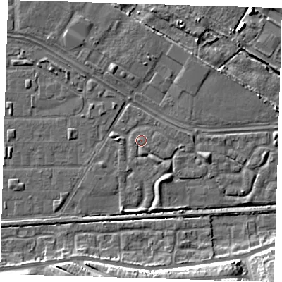 Shaded relief map of the ground around DA184HJ, computed from Environment Agency LiDAR. The ground here sits at about 2 m above sea level and falls 11 m across the surrounding 800 m. Surface water reaching this point runs off ground lying to the south-east, 1.5 m higher.