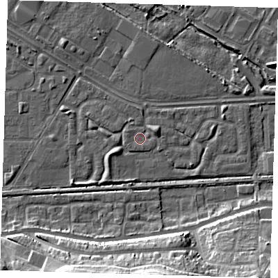 Shaded relief map of the ground around DA184HN, computed from Environment Agency LiDAR. The ground here sits at about 1 m above sea level and falls 19 m across the surrounding 800 m. Surface water reaching this point runs off ground lying to the east-north-east, 2.2 m higher.