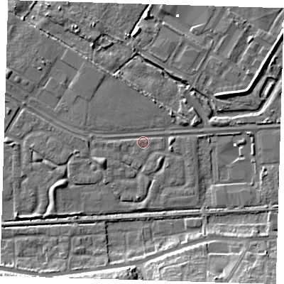 Shaded relief map of the ground around DA184HP, computed from Environment Agency LiDAR. The ground here sits at about 1 m above sea level and falls 11 m across the surrounding 800 m. Surface water reaching this point runs off ground lying to the east, 1.7 m higher.