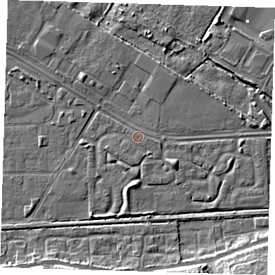 Shaded relief map of the ground around DA184HQ, computed from Environment Agency LiDAR. The ground here sits at about 1 m above sea level and falls 10 m across the surrounding 800 m. Surface water reaching this point runs off ground lying to the south-south-east, 1.0 m higher.