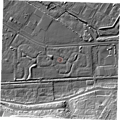 Shaded relief map of the ground around DA184HR, computed from Environment Agency LiDAR. The ground here sits at about 1 m above sea level and falls 17 m across the surrounding 800 m. Surface water reaching this point runs off ground lying to the west-north-west, 2.5 m higher.