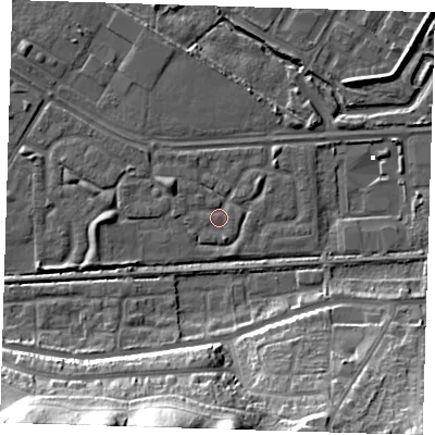 Shaded relief map of the ground around DA184HS, computed from Environment Agency LiDAR. The ground here sits at about 1 m above sea level and falls 27 m across the surrounding 800 m. Surface water reaching this point runs off ground lying to the west-north-west, 2.4 m higher.