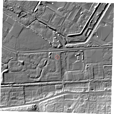 Shaded relief map of the ground around DA184HT, computed from Environment Agency LiDAR. The ground here sits at about 1 m above sea level and falls 12 m across the surrounding 800 m. The ground contributing surface water to this point lies to the west.