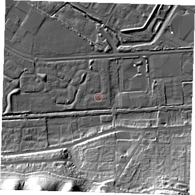 Shaded relief map of the ground around DA184HU, computed from Environment Agency LiDAR. The ground here sits at about 1 m above sea level and falls 33 m across the surrounding 800 m. Surface water reaching this point runs off ground lying to the west-south-west, 1.0 m higher.