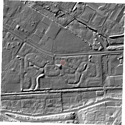 Shaded relief map of the ground around DA184HW, computed from Environment Agency LiDAR. The ground here sits at about 1 m above sea level and falls 14 m across the surrounding 800 m. Surface water reaching this point runs off ground lying to the north, 0.5 m higher.