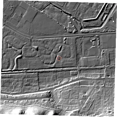 Shaded relief map of the ground around DA184HX, computed from Environment Agency LiDAR. The ground here sits at about 1 m above sea level and falls 30 m across the surrounding 800 m. Surface water reaching this point runs off ground lying to the west-north-west, 2.5 m higher.