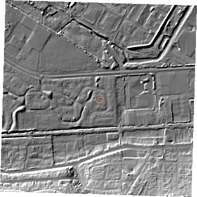 Shaded relief map of the ground around DA184HY, computed from Environment Agency LiDAR. The ground here sits at about 1 m above sea level and falls 17 m across the surrounding 800 m. Surface water reaching this point runs off ground lying to the west-north-west, 0.6 m higher.