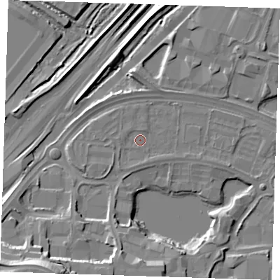 Shaded relief map of the ground around DA26DT, computed from Environment Agency LiDAR. The ground here sits at about 4 m above sea level and falls 30 m across the surrounding 800 m. Surface water reaching this point runs off ground lying to the west, 1.1 m higher.