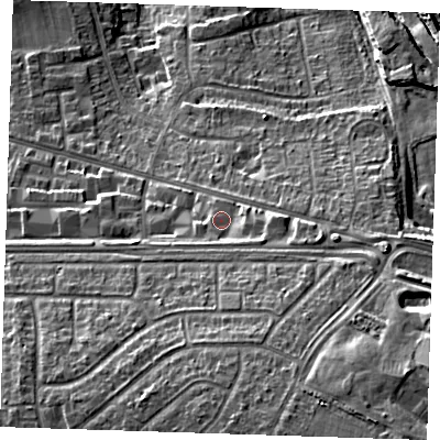 Shaded relief map of the ground around DA26EF, computed from Environment Agency LiDAR. The ground here sits at about 50 m above sea level and falls 34 m across the surrounding 800 m. Surface water reaching this point runs off ground lying to the east-south-east, 4.0 m higher.