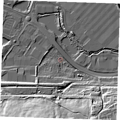 Shaded relief map of the ground around DA26GJ, computed from Environment Agency LiDAR. The ground here sits at about 2 m above sea level and falls 36 m across the surrounding 800 m. Surface water reaching this point runs off ground lying to the south-south-west, 34.8 m higher.