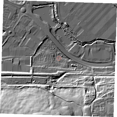 Shaded relief map of the ground around DA26GL, computed from Environment Agency LiDAR. The ground here sits at about 2 m above sea level and falls 44 m across the surrounding 800 m. Surface water reaching this point runs off ground lying to the south-south-west, 42.6 m higher.