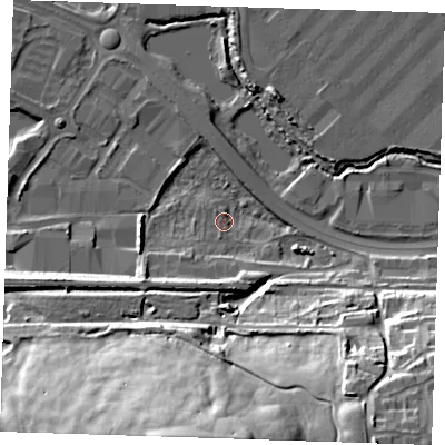 Shaded relief map of the ground around DA26GN, computed from Environment Agency LiDAR. The ground here sits at about 3 m above sea level and falls 44 m across the surrounding 800 m. Surface water reaching this point runs off ground lying to the south, 42.6 m higher.
