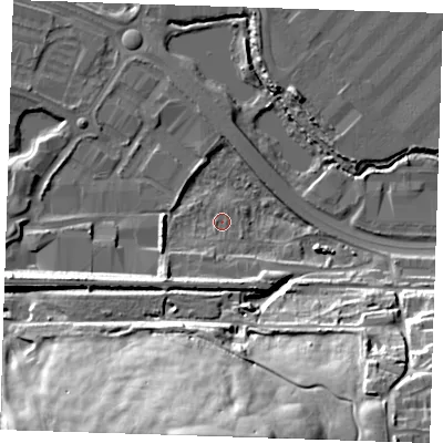 Shaded relief map of the ground around DA26GP, computed from Environment Agency LiDAR. The ground here sits at about 3 m above sea level and falls 44 m across the surrounding 800 m. Surface water reaching this point runs off ground lying to the south, 42.6 m higher.