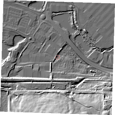 Shaded relief map of the ground around DA26GQ, computed from Environment Agency LiDAR. The ground here sits at about 2 m above sea level and falls 38 m across the surrounding 800 m. Surface water reaching this point runs off ground lying to the south, 36.5 m higher.