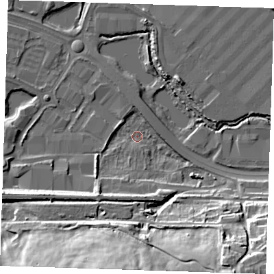 Shaded relief map of the ground around DA26GR, computed from Environment Agency LiDAR. The ground here sits at about 2 m above sea level and falls 35 m across the surrounding 800 m. Surface water reaching this point runs off ground lying to the south, 33.4 m higher.
