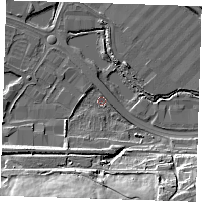 Shaded relief map of the ground around DA26GS, computed from Environment Agency LiDAR. The ground here sits at about 2 m above sea level and falls 31 m across the surrounding 800 m. Surface water reaching this point runs off ground lying to the south-south-west, 29.9 m higher.