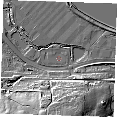 Shaded relief map of the ground around DA26QA, computed from Environment Agency LiDAR. The ground here sits at about 3 m above sea level and falls 38 m across the surrounding 800 m. Surface water reaching this point runs off ground lying to the south-south-west, 1.3 m higher.