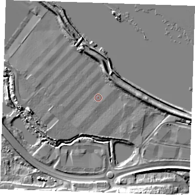 Shaded relief map of the ground around DA26QB, computed from Environment Agency LiDAR. The ground here sits at about 4 m above sea level and falls 10 m across the surrounding 800 m. Surface water reaching this point runs off ground lying to the north-north-east, 3.7 m higher.