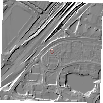 Shaded relief map of the ground around DA26QD, computed from Environment Agency LiDAR. The ground here sits at about 4 m above sea level and falls 28 m across the surrounding 800 m. Surface water reaching this point runs off ground lying to the south, 0.7 m higher.