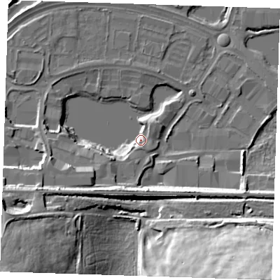 Shaded relief map of the ground around DA26QE, computed from Environment Agency LiDAR. The ground here sits at about 4 m above sea level and falls 39 m across the surrounding 800 m. Surface water reaching this point runs off ground lying to the south-west, 14.2 m higher.