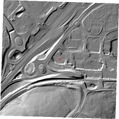 Shaded relief map of the ground around DA26QF, computed from Environment Agency LiDAR. The ground here sits at about 9 m above sea level and falls 39 m across the surrounding 800 m. Surface water reaching this point runs off ground lying to the south-south-west, 10.0 m higher.