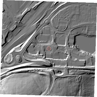 Shaded relief map of the ground around DA26QG, computed from Environment Agency LiDAR. The ground here sits at about 7 m above sea level and falls 39 m across the surrounding 800 m. Surface water reaching this point runs off ground lying to the south-south-west, 15.8 m higher.